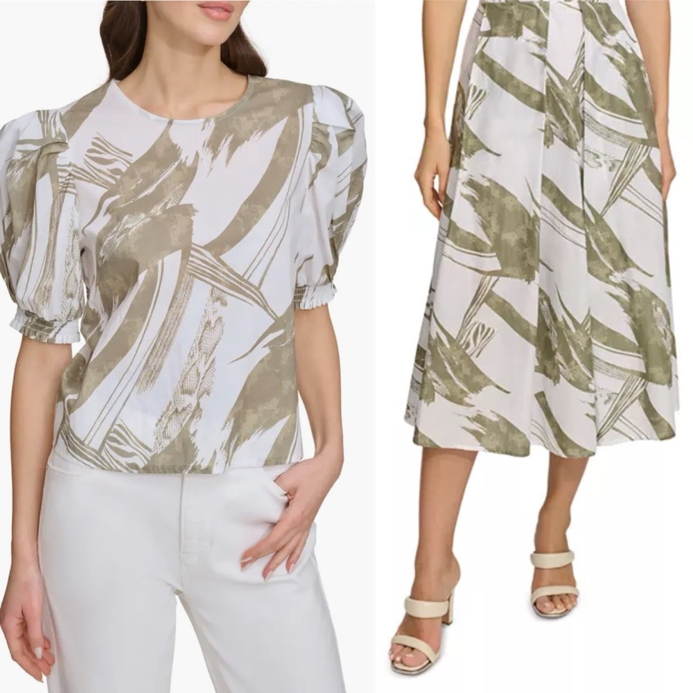 DKNY coordinated top skirt set abstract brush printed Olive green white voile Lg